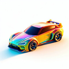  a classic sport car with bright colors on a white background. shiny automobile with rainbow colors. 3d illustration made with generative AI technology
