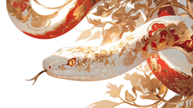 Chinese New Year 2025 background with Snake - zodiac symbol for Lunar New Year. Red and gold festive snake oriental backdrop with copy space
