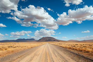 Fototapeta premium a dirt road in the middle of a desert with a mountain in the distance and a blue sky with puffy white clouds in the middle of the top of the picture.