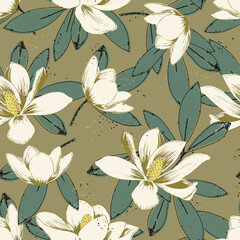 Seamless floral pattern with white magnolia flowers
