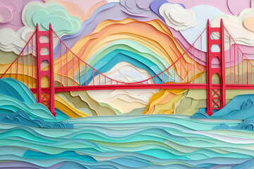 Golden Gate Bridge. Rainbow in the sky. Layered paper