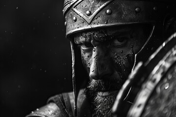 Spartan warrior portrait. With a shield and sword. High contrast black and white photo - obrazy, fototapety, plakaty