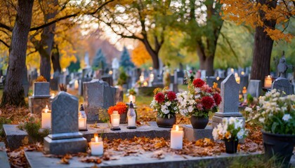 All Saints Day: Cemetery in November. Wszystkich Świętych. 