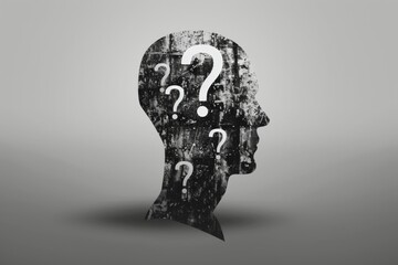 Conceptual silhouette head with question marks portraying mental health and confusion