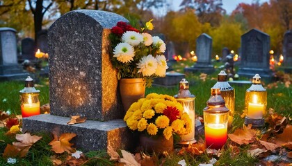 All Saints Day: Cemetery in November. Wszystkich Świętych. 