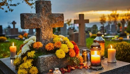 All Saints Day: Cemetery in November. Wszystkich Świętych. 