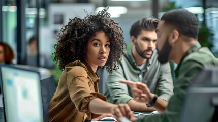 Obraz premium Professional Team Engaged in a Discussion at Modern Office. Diverse Coworkers Talking over Work. Focus on Confident Woman. Business and Teamwork Concept. AI