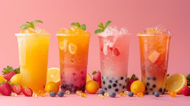 Four fruit drinks with berries and citrus flavors against on pink background. Smoothie, lemonades and bubble teas menu