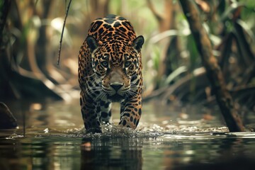 jaguar walking through the water in a jungle