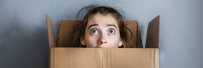 Think outside the box concept. Funny girl with scared face looking out of box at grey background. Getting out of comfort zone. - obrazy, fototapety, plakaty