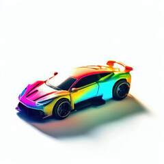  a classic sport car with bright colors on a white background. shiny automobile with rainbow colors. 3d illustration made with generative AI technology
