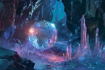 A glowing world encased in a crystal cave. Its luminous presence illuminates the underground depths.