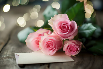 A bouquet of pink roses sits on a wooden table next to a card