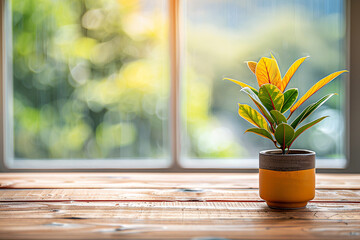 Bright croton plant in a yellow ceramic pot on a wooden windowsill. Copy space.