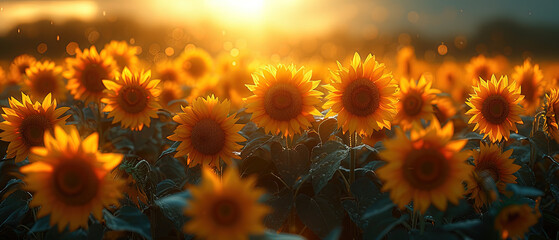 a many sunflowers in a field with the sun setting