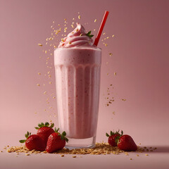Strawberry milkshake on a pink background