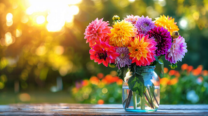 A delicate bouquet with colorful dahlia flowers in a glass vase on a wooden table in the garden on...