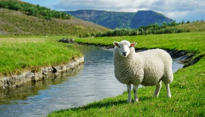 Fototapeta premium Psalm 23: The Lord is My Shepherd. The White Sheep In Green Pastures Besides The Still Waters.