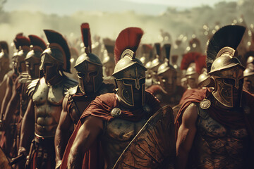 Spartan hoplites in a post-apocalyptic wasteland, their phalanx formation an unbreakable shield agai - obrazy, fototapety, plakaty