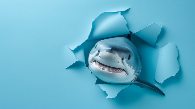 Cute great shark peeking through a hole in a pastel blue cartoon background. An animal sticks his head out of a hole. Colorful and creative background with copy space. Birthday and greeting card.