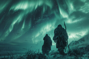 Viking shamans navigating the northern lights, their runes powerful enough to bend reality. - obrazy, fototapety, plakaty