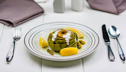 Stuffed Artichoke with Rice with table settings. Enginar dolması. Artichoke Turkish Delight