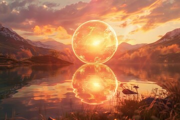 A glowing world floating above a tranquil lake. Its radiant aura reflected off the shimmering surface of the water.