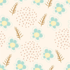 The plant on on beige background with flowers and decorative dots, seamless pattern, is repeatable