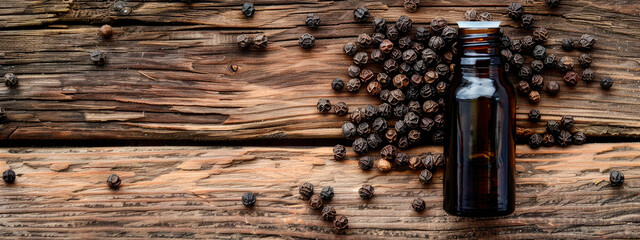 black pepper essential oil in a bottle. Selective focus.