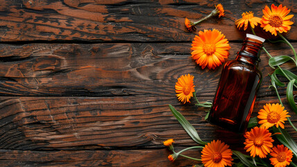 calendula essential oil in a bottle. Selective focus. - obrazy, fototapety, plakaty