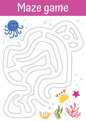 Maze game for kids. Go through maze to reach the goal. Printable worksheets, activities for children. Logical games for preschool, kindergarten learning, homeschooling. Handwriting practice.