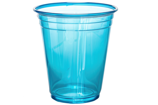 Empty blue transparent plastic cup isolated on white or transparent png
