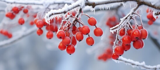 Winter snowfall on a rowan tree branch adorned with red berries and frost. - obrazy, fototapety, plakaty