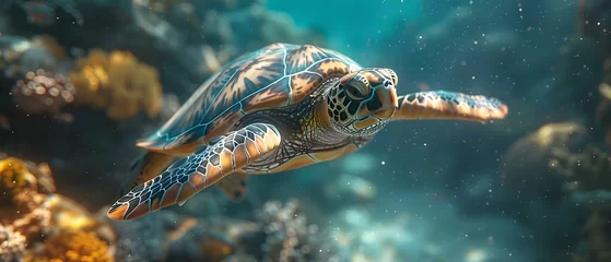 Fotobehang 3D image of a sea turtle swimming in the Red Sea. Concept 3D Rendering, Sea Turtle, Red Sea, Underwater, Marine Life © Anastasiia