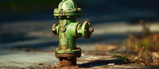 Rusty top green fire hydrant on street side, open direction.