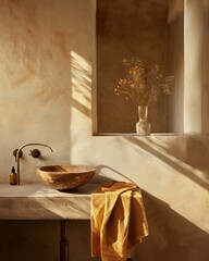 Beautiful elegant bathroom in earth colors with textured walls, light and shadows, natural living - 780503248