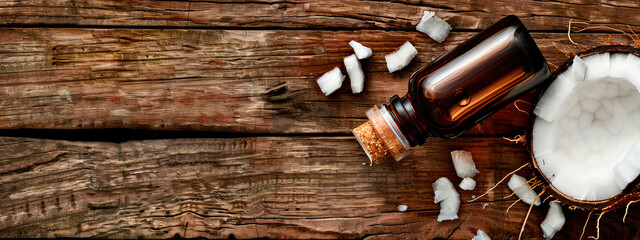 coconut essential oil in a bottle. Selective focus. - obrazy, fototapety, plakaty