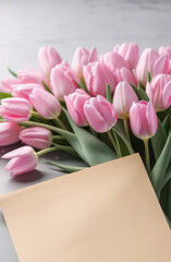 A bouquet of soft pink tulips on a gray concrete background with a sheet of craft paper for text at the bottom. Postcard, poster, invitation
