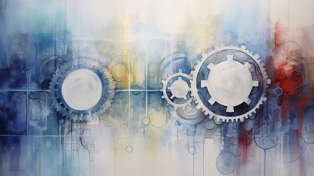 gears art background light abstract mechanism, paint art canvas, surface copy space background blue, and white