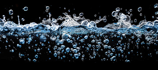 Soda water bubbles splashing underwater against black background