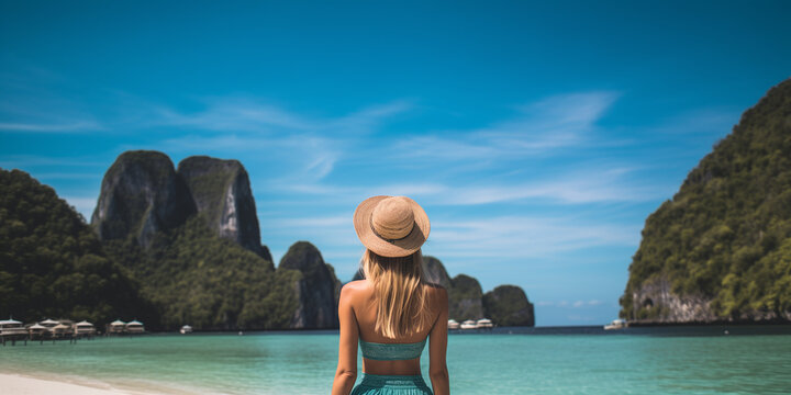 woman from behind on background Phi Phi islands