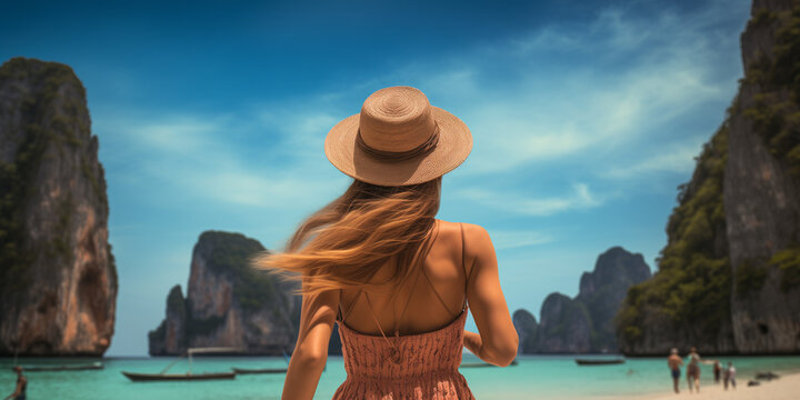 woman from behind on background Phi Phi islands