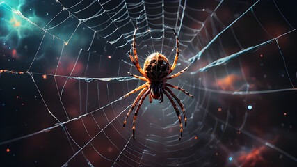 a spider sits on a web against the backdrop of an abstract cosmic sky. mystical illustration - obrazy, fototapety, plakaty