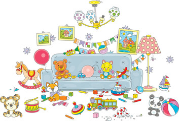 Nursery room with a sofa and colorful toys scattered in mess after a funny game of hide and seek and romping of little kids, vector cartoon illustration on a white background