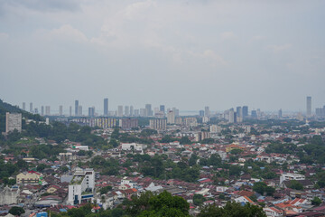 View from the Chinese Buddhist Temple Kek Lok Si to the City of George Town on Penang in Malaysia 