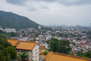 Fototapeta na wymiar View from the Chinese Buddhist Temple Kek Lok Si to the City of George Town on Penang in Malaysia 