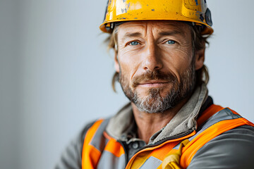 Construction worker at the construction site with yellow helmet and crossed hands.Building exterior.