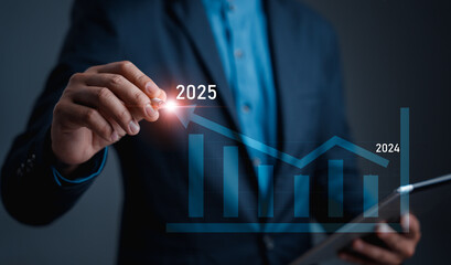 Businessman calculate financial data for long-term investments, analyze profitability to business development to success and growing growth concept, positive indicators in 2025 and the future