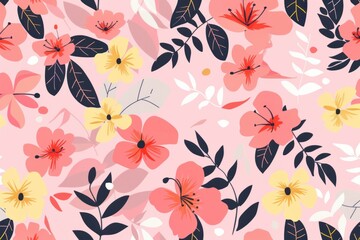 Seamless Pink, Yellow and Black Floral Pattern on Pink Background for Textile and Wallpaper Design