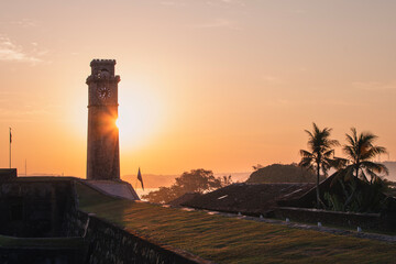Clock tower in Galle fort at beautiful sunrise. Historical city in south coast of Sri Lanka..